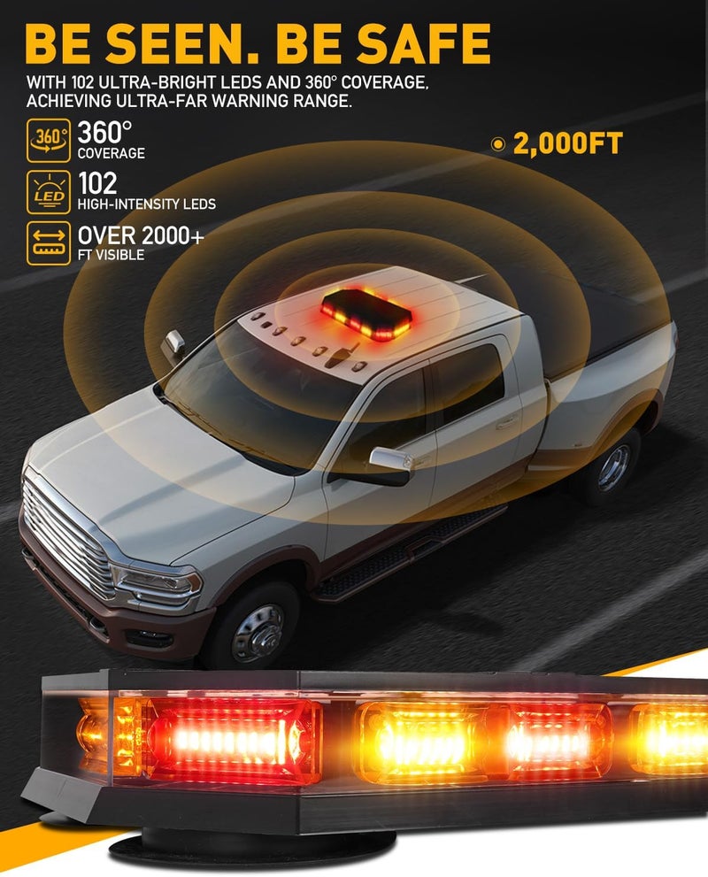 HLauto 406D Rooftop Emergency Strobe Lights Bar, 102 LED Amber Red Mini Beacon Safety Flashing Warning Traffic Lights Bar w/Magnetic Base for 12-24V Trucks, Construction Vehicles, Snowplow, Cars - Image 3